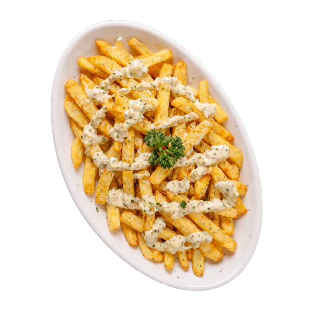 Garlic Mayo Fries, Fries topped with garlic mayo, garnished with fresh parsley, Sufraq Karachi