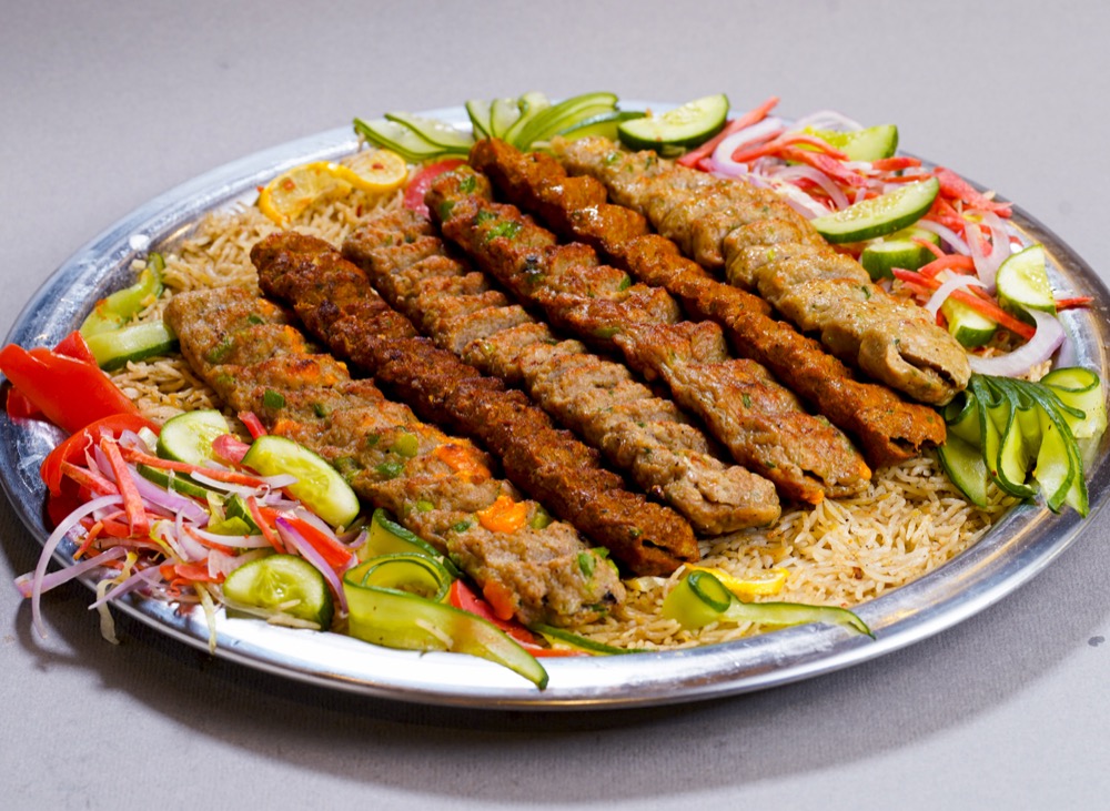 Kebab Royal, 2 Reshmi Kebabs, 2 Turkish Kebabs & 2 Beef Kebabs served with rice, vegetables and sauces, Sufraq Karachi