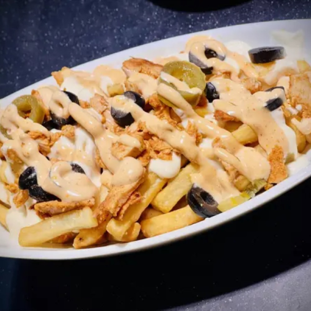 Loaded Fries Supreme, Fully loaded fries with chicken, mayo and seasoning, garnished with fresh parsley, Sufraq Karachi