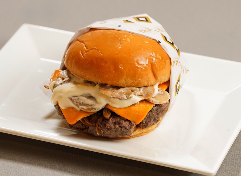 Mushroom Melt Beef, Beef patty with creamy mushroom sauce, slice cheese and garlic mayo, Sufraq Karachi